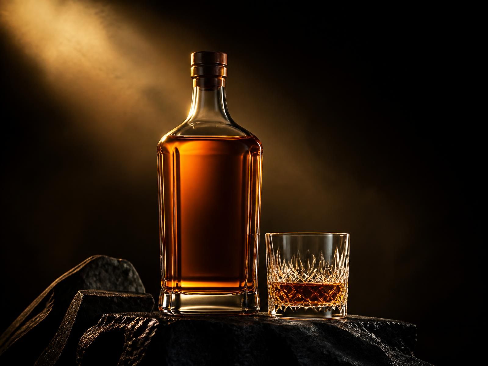 A slow pour of aged whiskey arcing into a cut-crystal glass on a dark bar, gold light catching the stream