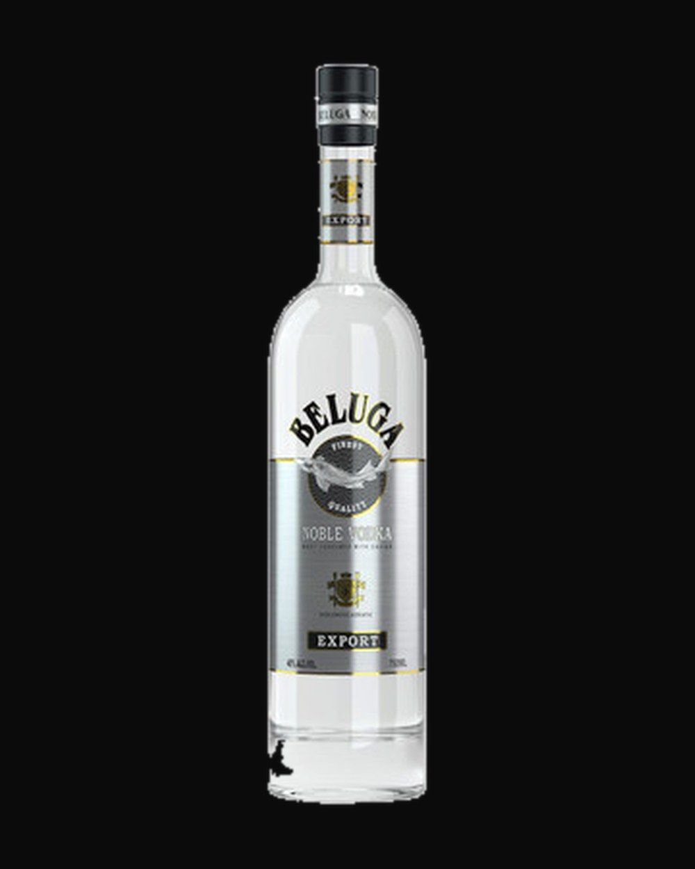 Bottle of Beluga Noble Russian Vodka, vodka, from Siberia, 750ml — a frosted vodka bottle beading with condensation on black slate