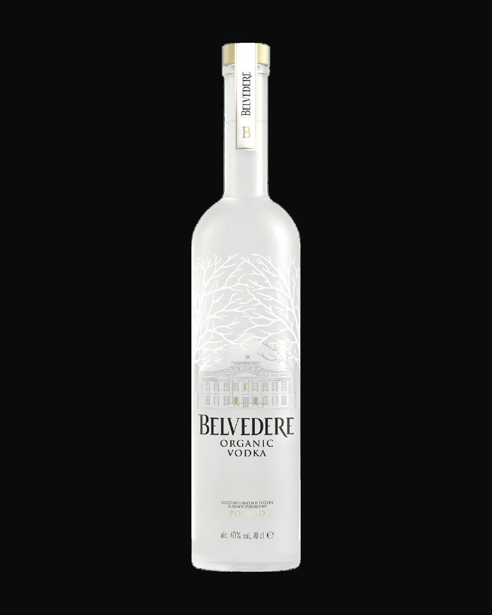 Bottle of Belvedere Pure Vodka, vodka, from Poland, 750ml — a frosted vodka bottle beading with condensation on black slate