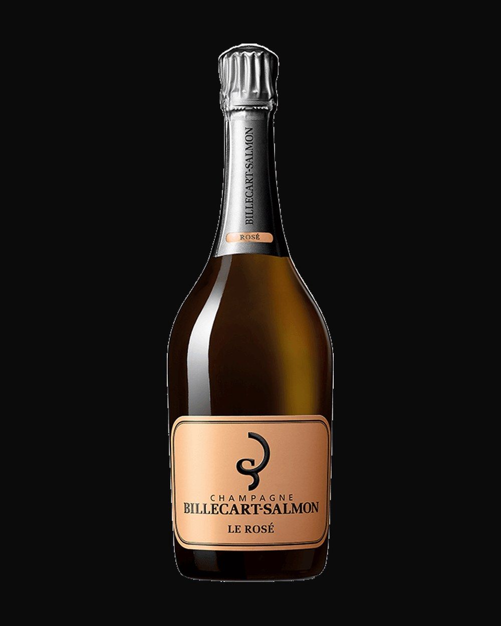 Bottle of Billecart-Salmon Brut Rosé, champagne, from Mareuil-sur-Aÿ, France, 750ml — a chilled champagne bottle with rising bubbles and gold foil