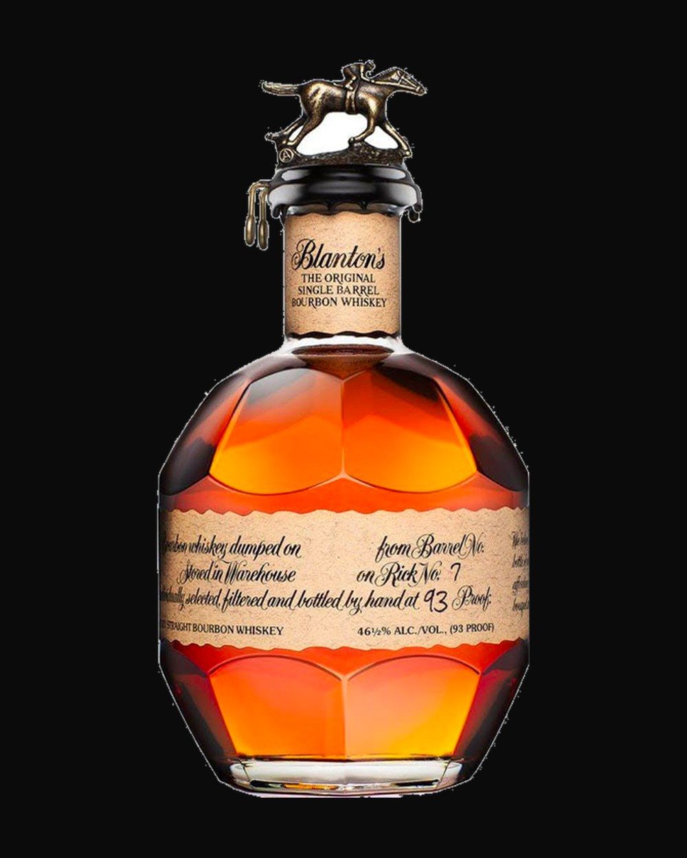 Bottle of Blanton's Single Barrel Bourbon, bourbon, from Kentucky, USA, 750ml — an amber whiskey bottle lit against dark oak and cut crystal