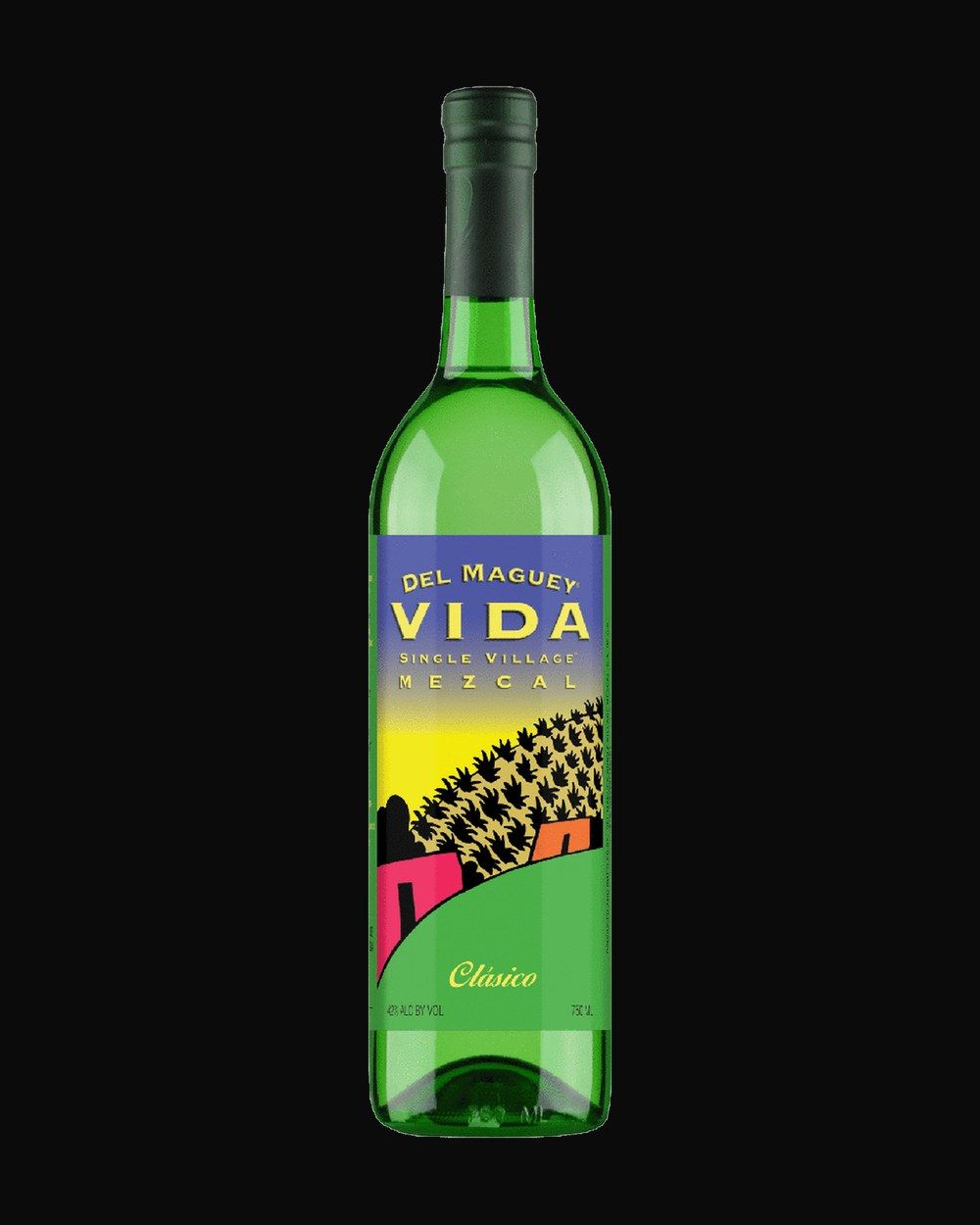 Bottle of Del Maguey Vida Mezcal, mezcal, from Oaxaca, Mexico, 750ml — a clear agave spirit bottle on charred stone with lime and salt
