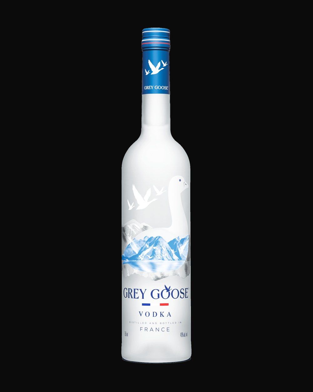 Bottle of Grey Goose Original Vodka, vodka, from Cognac, France, 750ml — a frosted vodka bottle beading with condensation on black slate
