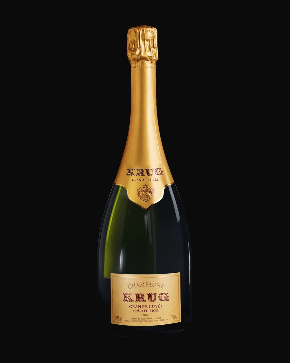 Bottle of Krug Grande Cuvée 172ème, champagne, from Reims, France, 750ml — a chilled champagne bottle with rising bubbles and gold foil