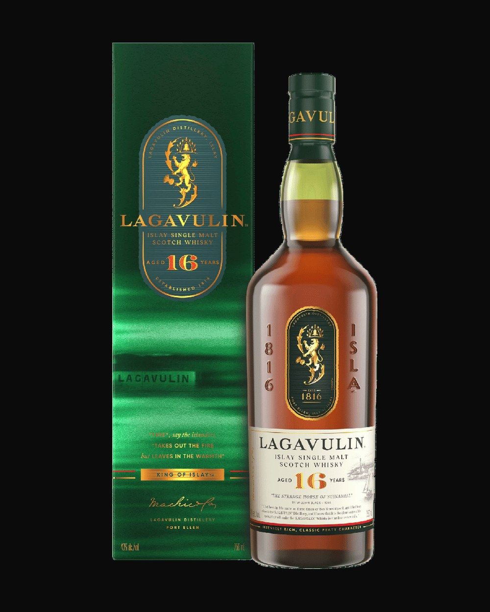 Bottle of Lagavulin 16 Year Islay Single Malt, single malt scotch, from Islay, Scotland, 750ml — an amber whiskey bottle lit against dark oak and cut crystal