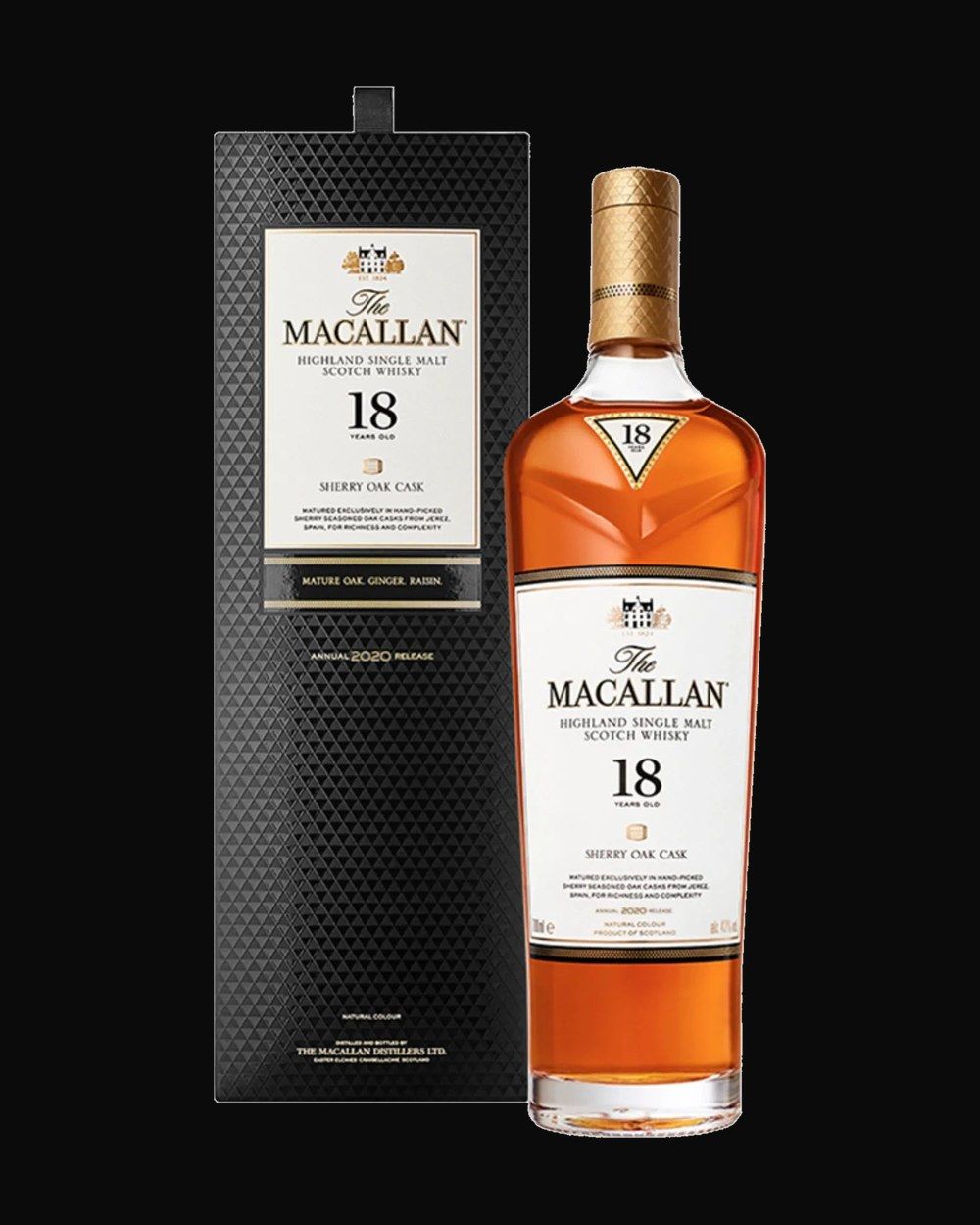 Bottle of The Macallan 18 Year Sherry Oak, single malt scotch, from Speyside, Scotland, 750ml — an amber whiskey bottle lit against dark oak and cut crystal