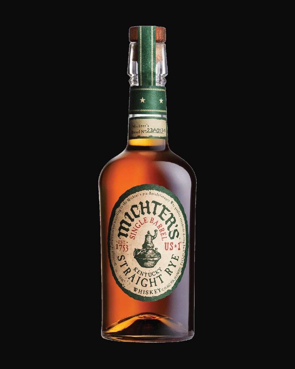 Bottle of Michter's US*1 Single Barrel Rye, rye, from Kentucky, USA, 750ml — an amber whiskey bottle lit against dark oak and cut crystal