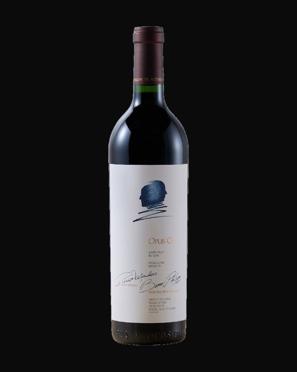 Bottle of Opus One Opus One 2019, red wine, from Napa Valley, USA, 750ml — a dust-flecked wine bottle resting in a candlelit cellar rack