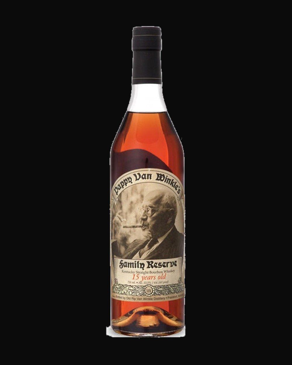 Bottle of Pappy Van Winkle Family Reserve 15 Year, bourbon, from Kentucky, USA, 750ml — an amber whiskey bottle lit against dark oak and cut crystal