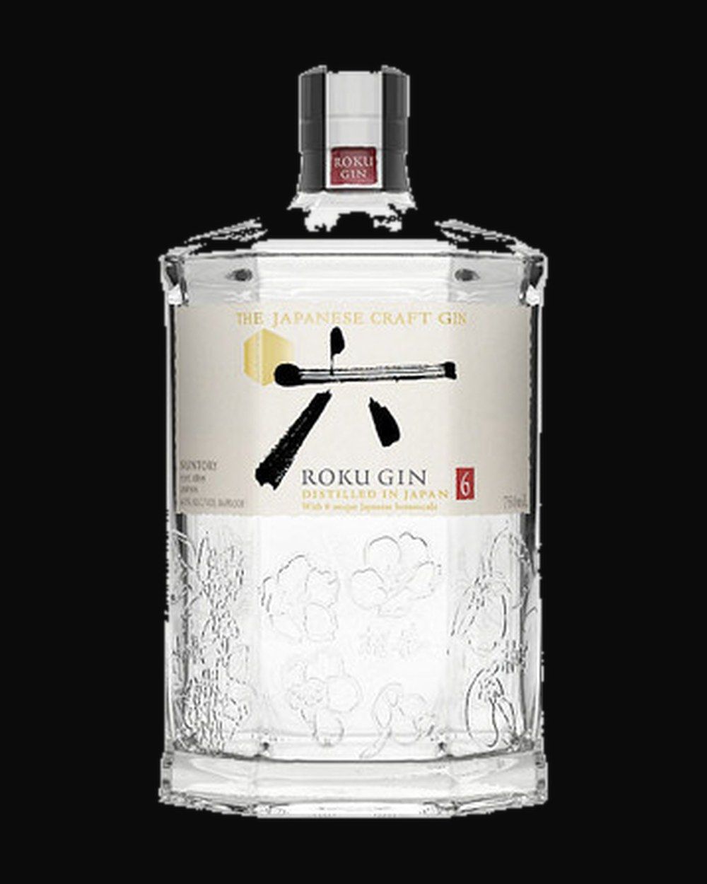 Bottle of Suntory Roku Japanese Craft Gin, gin, from Japan, 750ml — a botanical gin bottle framed by juniper sprigs and dried citrus