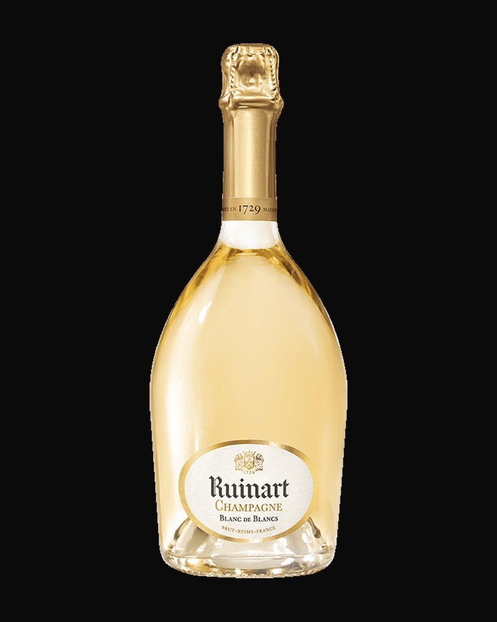 Bottle of Ruinart Blanc de Blancs, champagne, from Reims, France, 750ml — a chilled champagne bottle with rising bubbles and gold foil