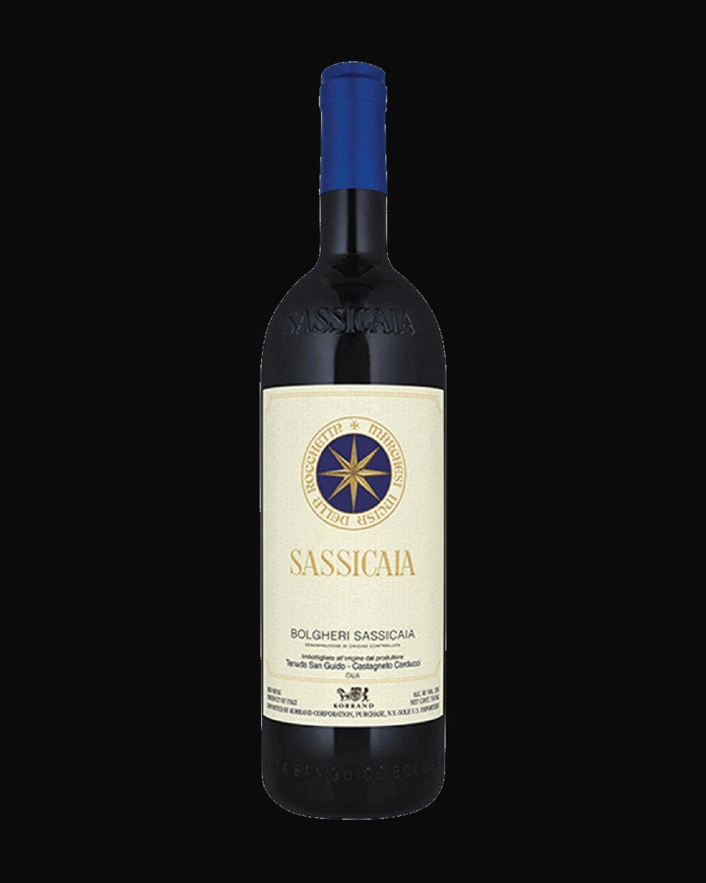 Bottle of Tenuta San Guido Sassicaia 2020, red wine, from Bolgheri, Italy, 750ml — a dust-flecked wine bottle resting in a candlelit cellar rack