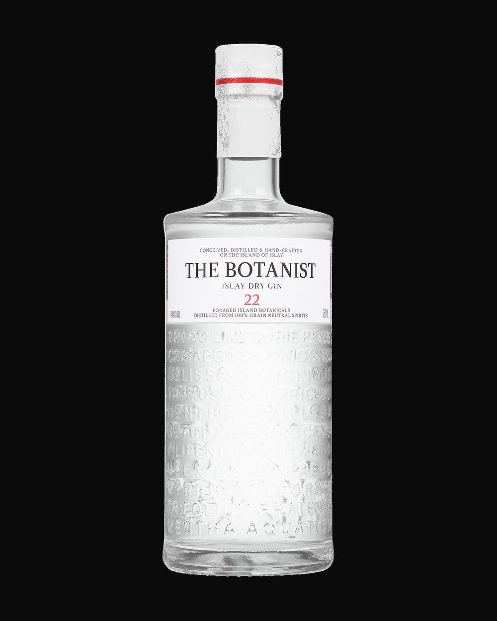 Bottle of The Botanist Islay Dry Gin, gin, from Islay, Scotland, 750ml — a botanical gin bottle framed by juniper sprigs and dried citrus