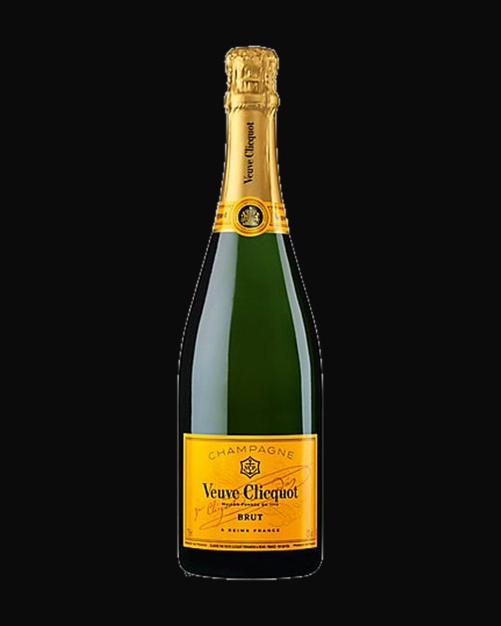 Bottle of Veuve Clicquot Yellow Label Brut, champagne, from Reims, France, 750ml — a chilled champagne bottle with rising bubbles and gold foil