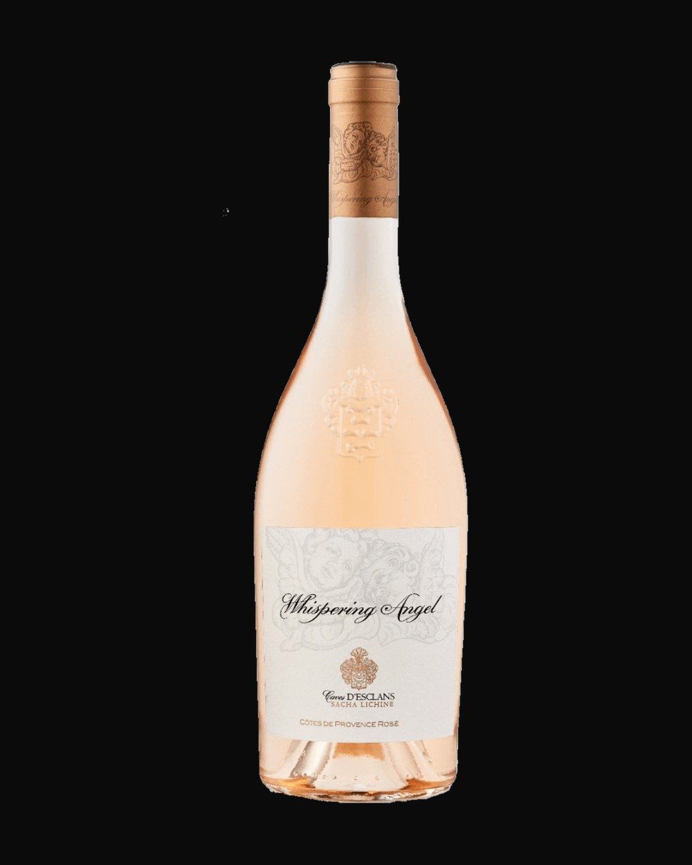 Bottle of Whispering Angel Rosé, rosé, from Côtes de Provence, France, 750ml — a dust-flecked wine bottle resting in a candlelit cellar rack