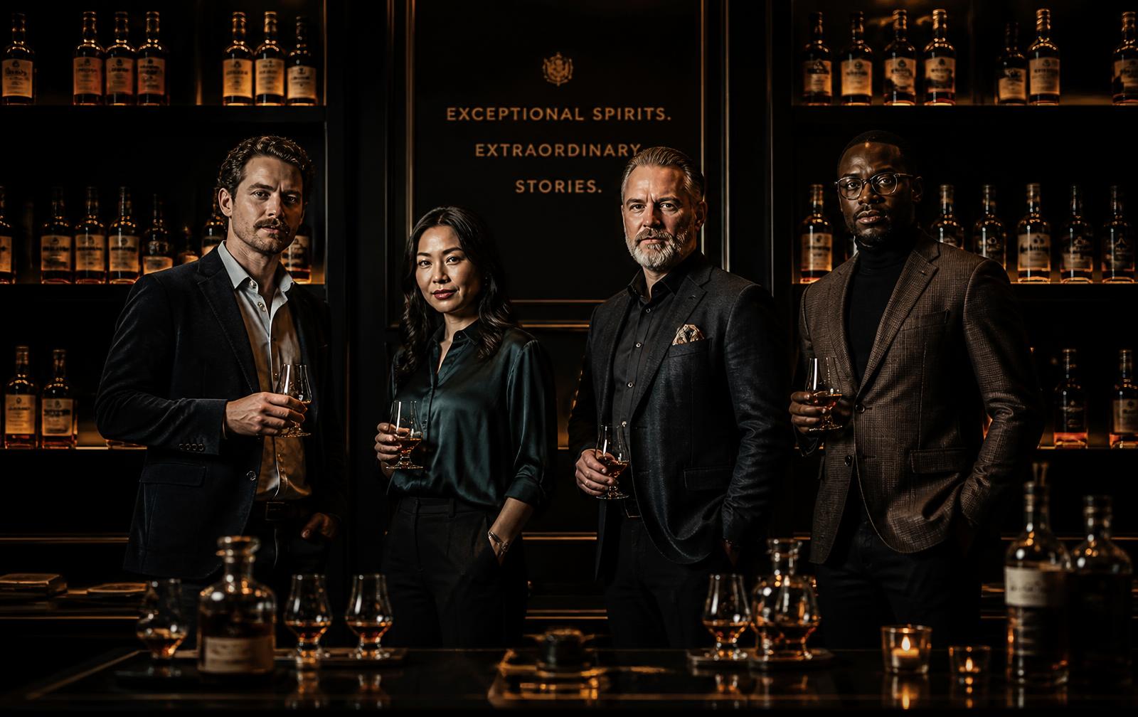 The ThePourfection buying team standing together in the noir-toned tasting room, bottles racked behind them